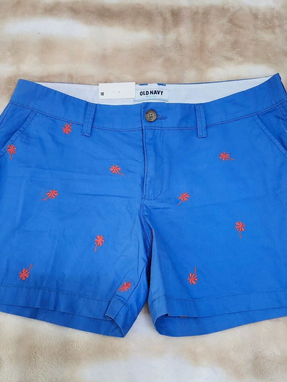 NWT Old Navy Blue Cotton Shorts With Embroidered Orange Palm Trees - Picture 3 of 6